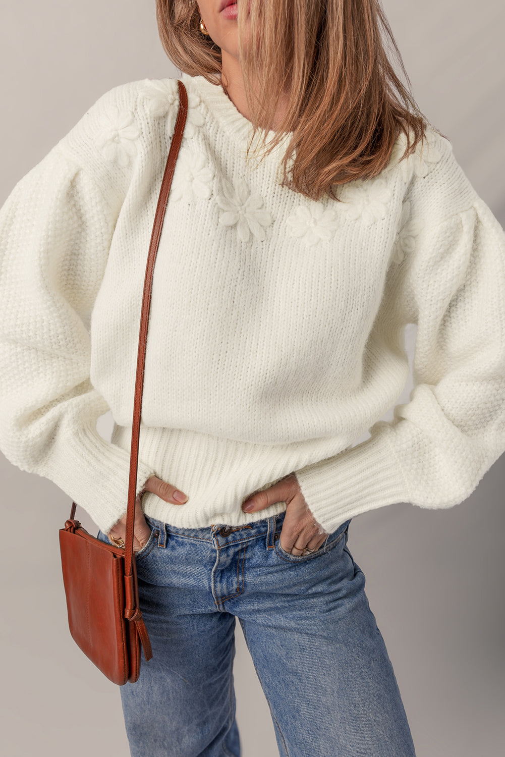 White Flower Detail Round Neck Contrast Textured Puff Sleeve Sweater  Shop One Place