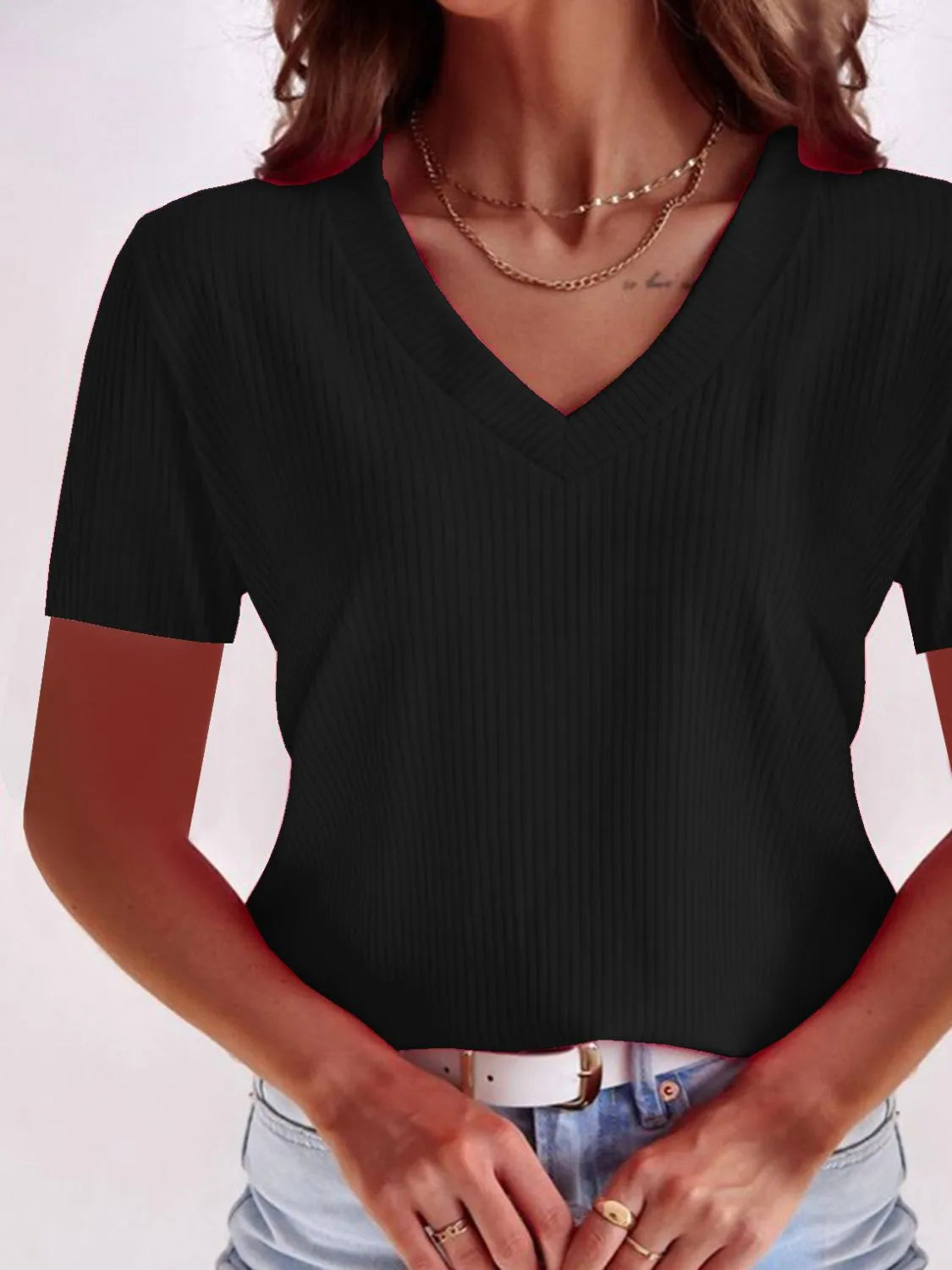 Full Size Solid V-Neck Short Sleeve T-Shirt Plus Size  Shop One Place