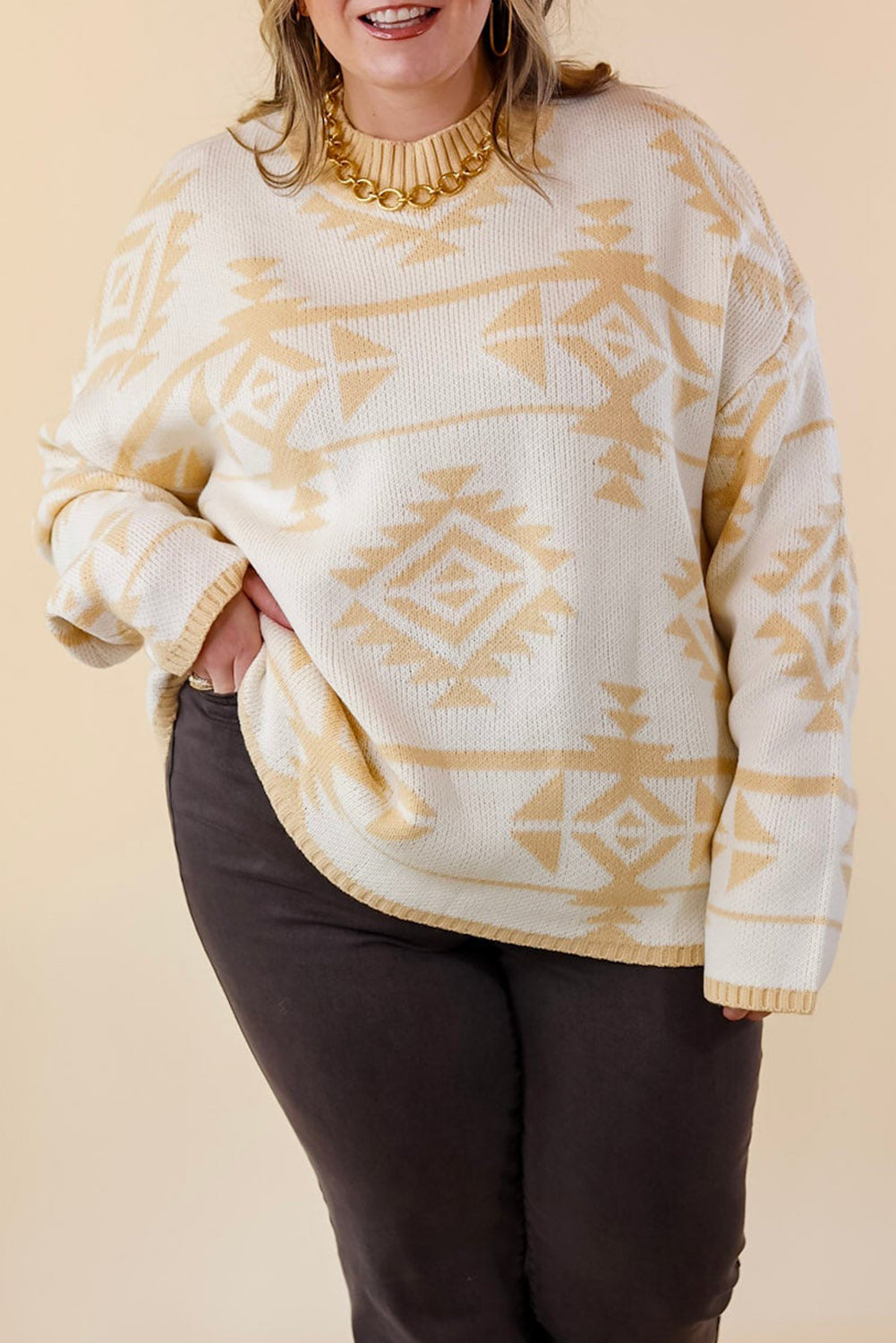 Apricot Plus Size Geometric Print Drop Sleeve Sweater