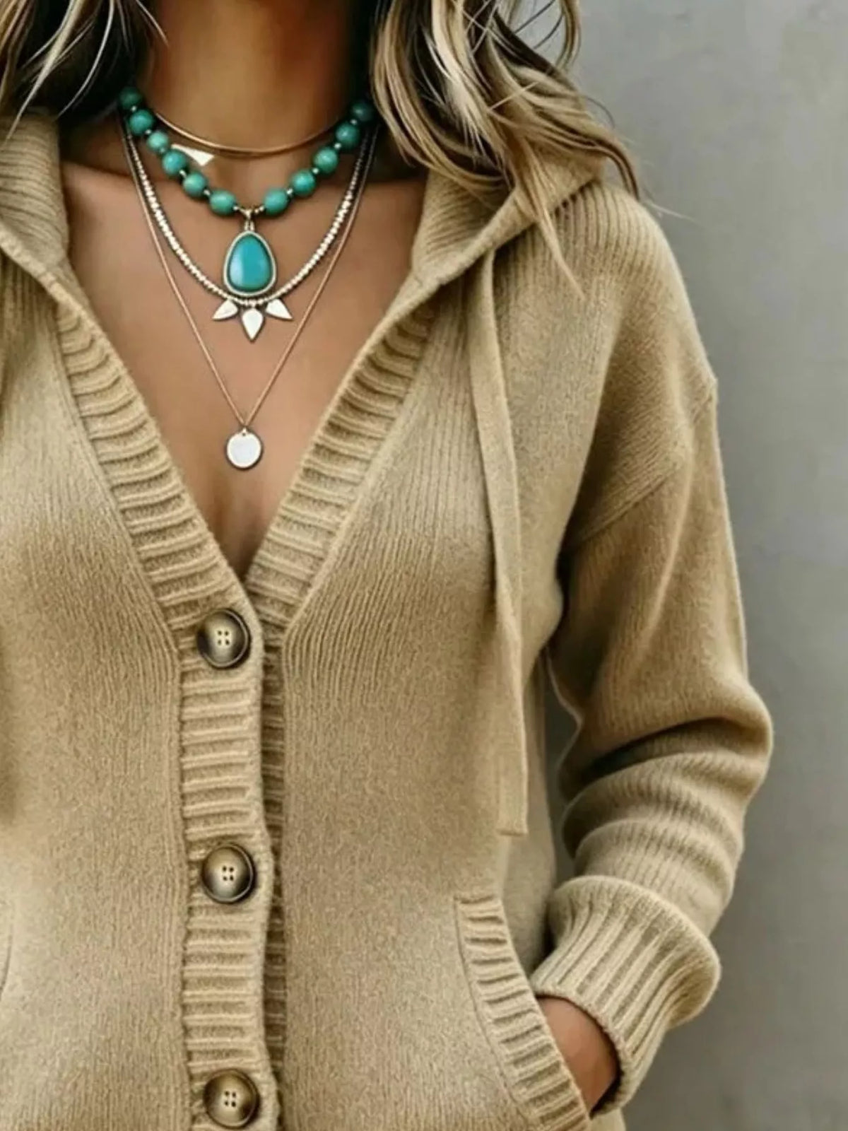 Hooded Button-Down Knit Cardigan with Pockets in Multicolor