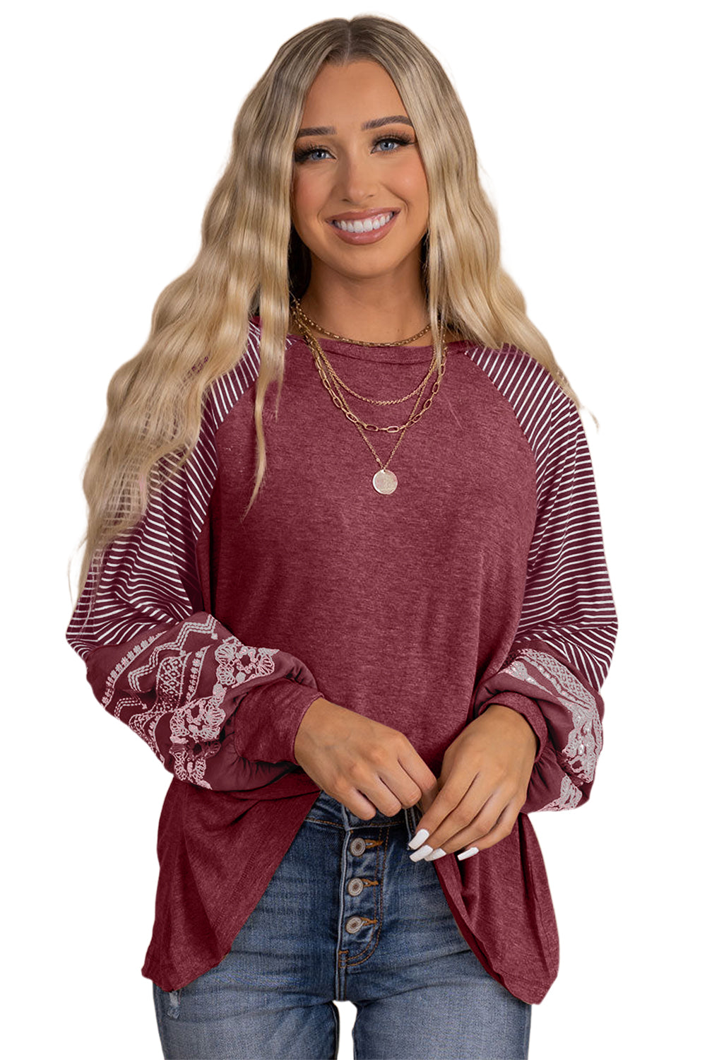 Contrast Print Striped Raglan Long Sleeve Loose Top  Shop One Place