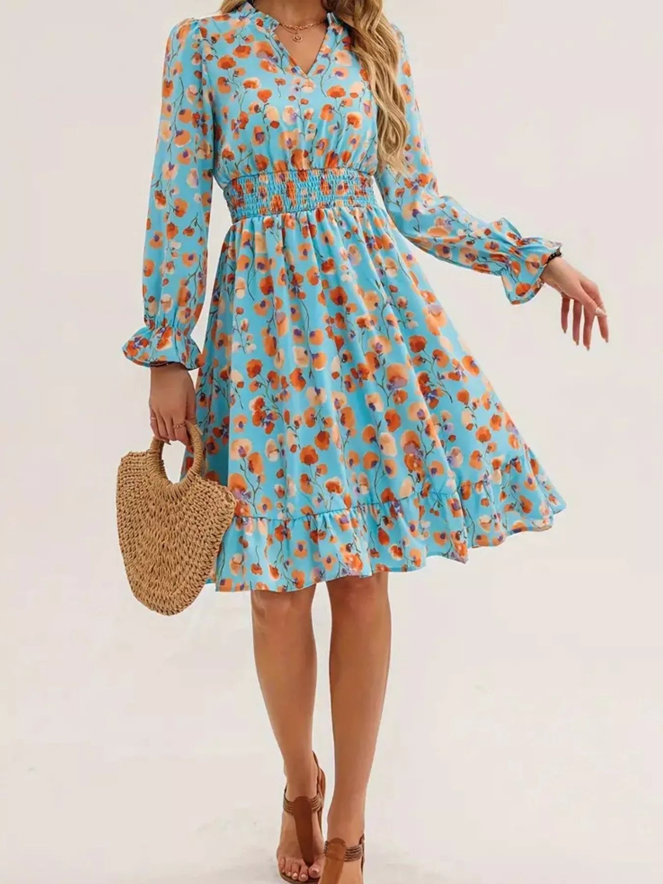 Floral Notched Flounce Sleeve Dress  Shop One Place