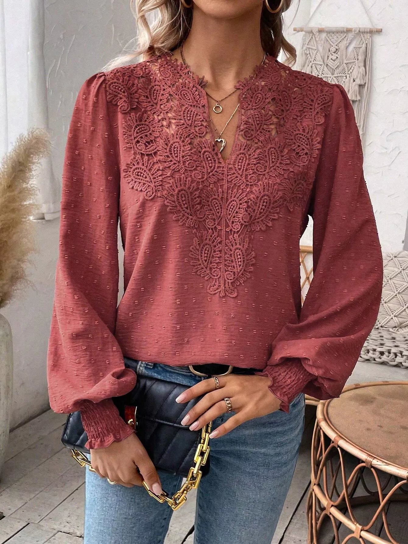 Swiss Dot Lace Detail Long Sleeve Blouse  Shop One Place