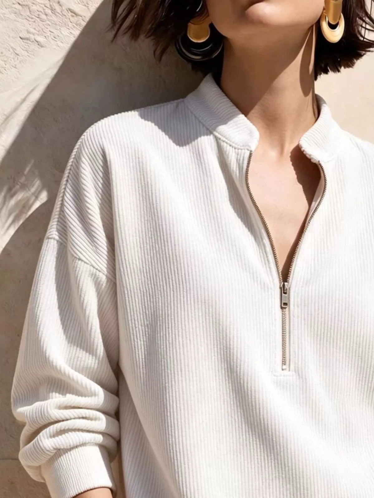 Full Size Half Zip Dropped Shoulder Corduroy Top Plus Size  Shop One Place