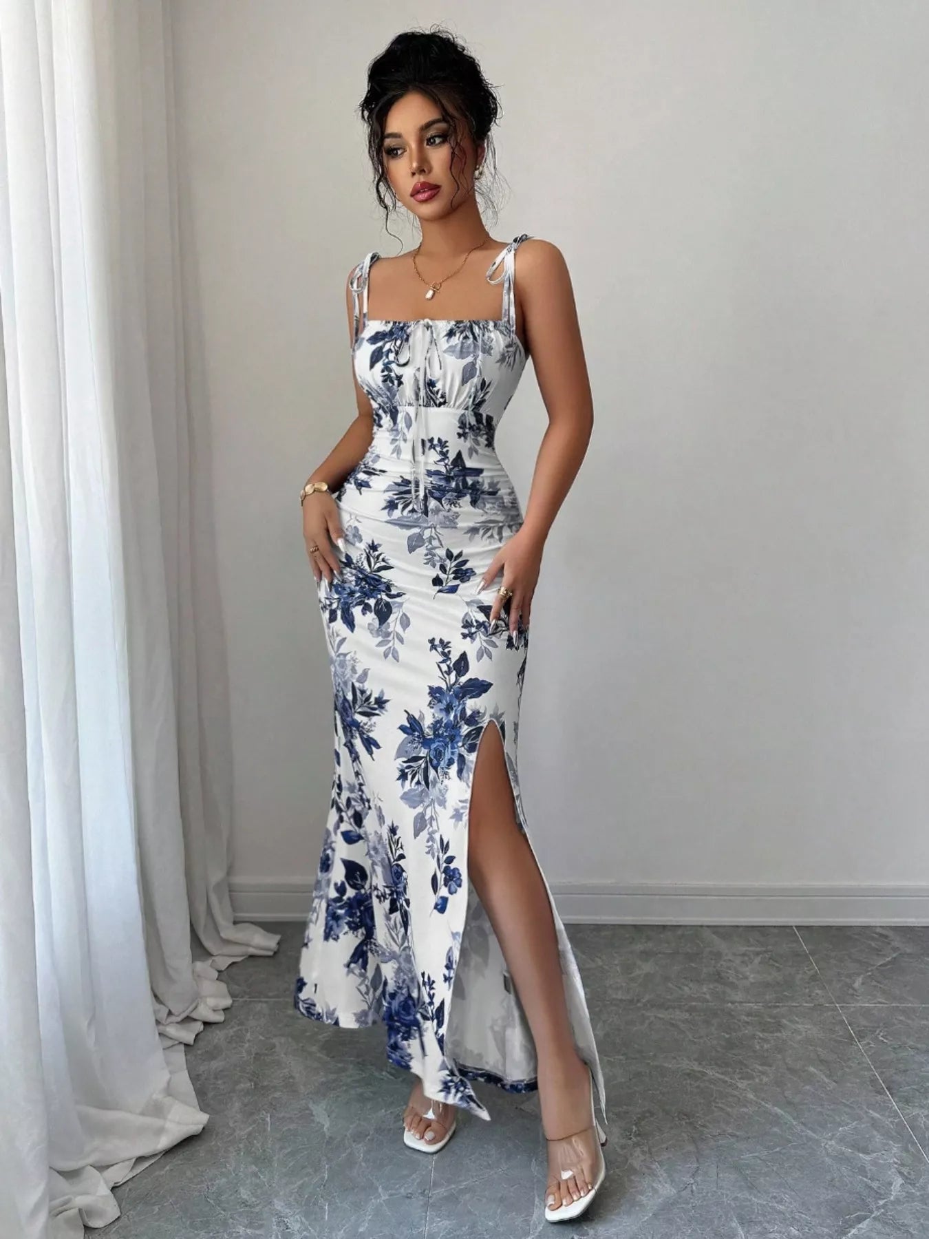 Printed Tie Strap Slit Maxi Dress  Shop One Place