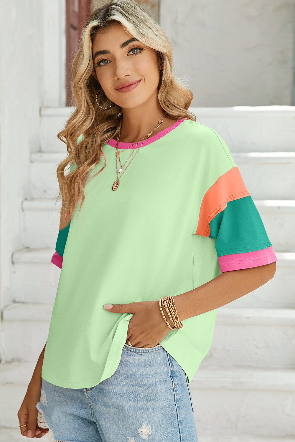 Green Color Block Sleeve Round Neck Oversize Top  Shop One Place