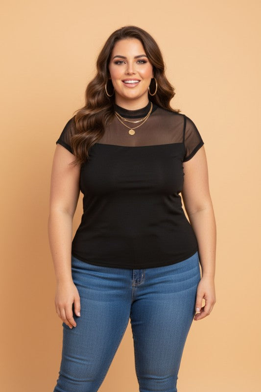 Plus Size Sheer Mesh Panel Short Sleeve Top  Shop One Place