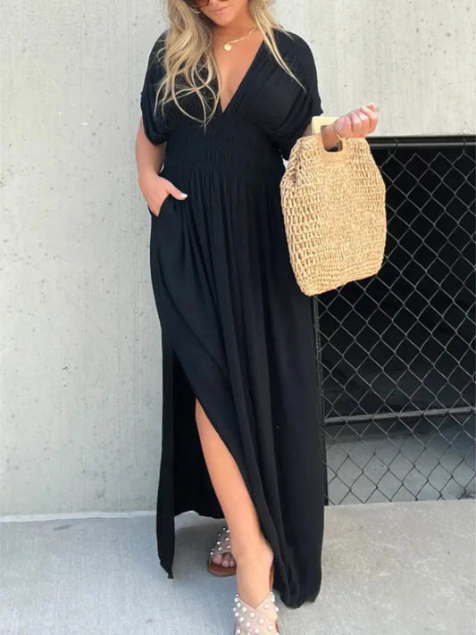 Full Size Deep V-Neck Maxi Dress with Side Slit Plus Size  Shop One Place