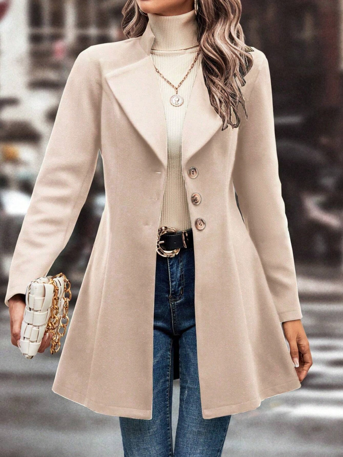 Collared Neck Long Sleeve Longline Coat