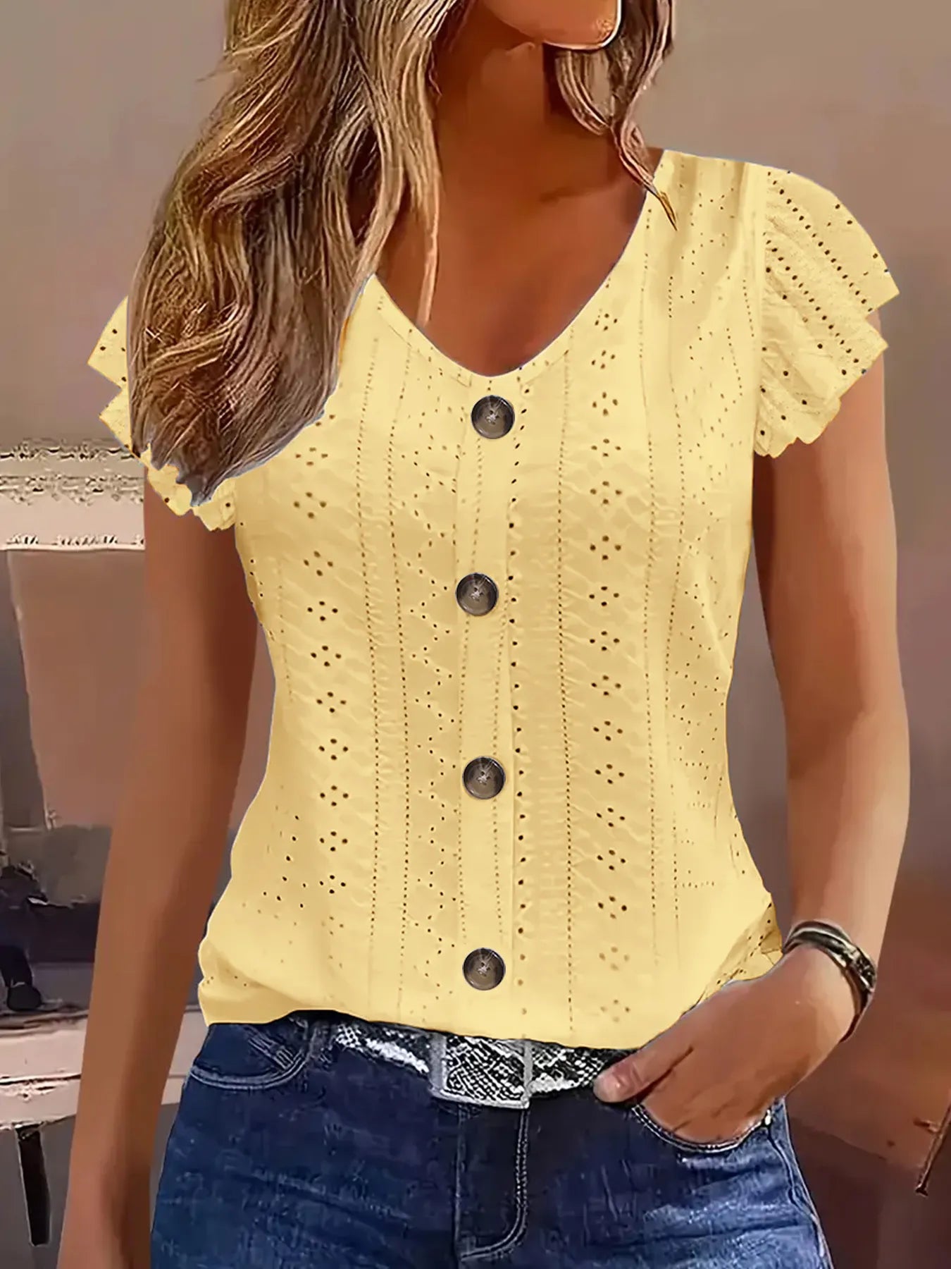 Eyelet Button-Front Flutter Sleeve Top  Shop One Place