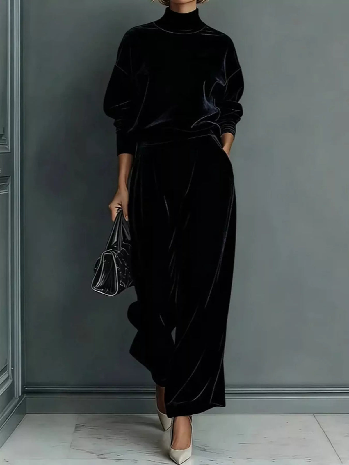 Women's Velvet Mock Neck Top & Wide-Leg Pants Set – view 5