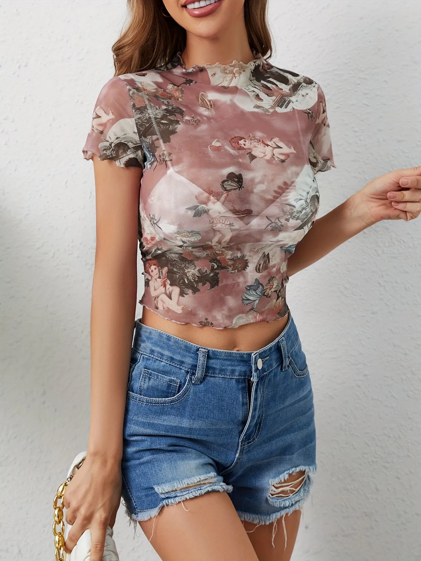 Abstract Print Ruffled Mock Neck Crop T-Shirt  Shop One Place