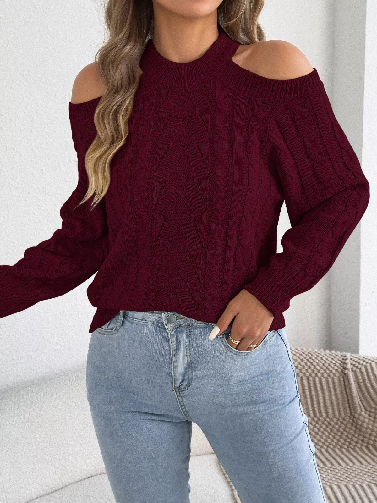 Women's Cold Shoulder Cable Knit Sweater – view 20