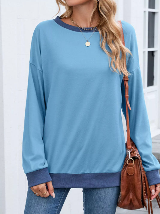 Contrast Trim Long Sleeve Sweatshirt  Shop One Place