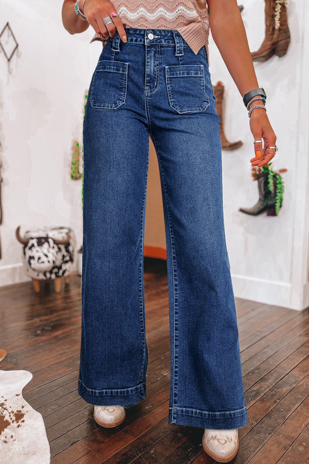 Sail Blue Wide Leg Pocketed High Waist Jeans  Shop One Place