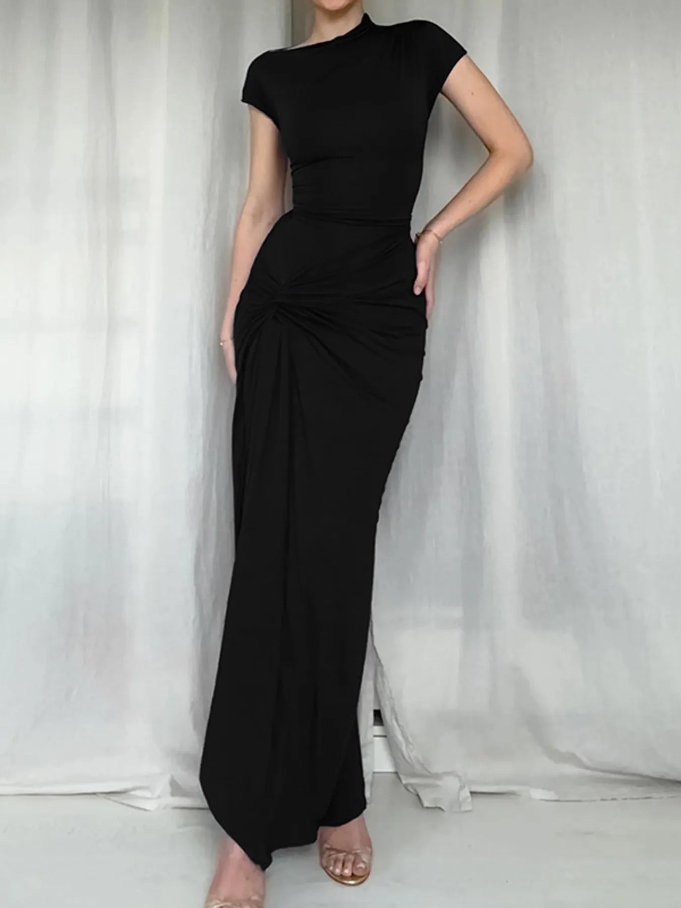 Ruched Slit Cap Sleeve Maxi Dress  Shop One Place