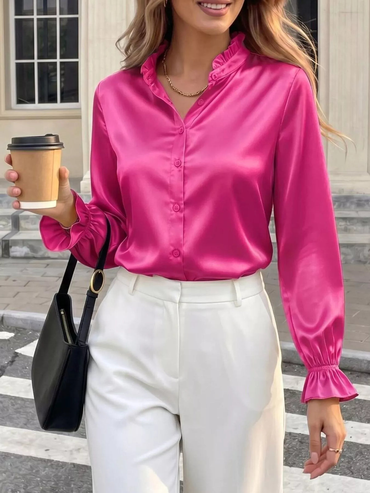Women's Ruffle Trim Satin Button-Down Shirt – view 8