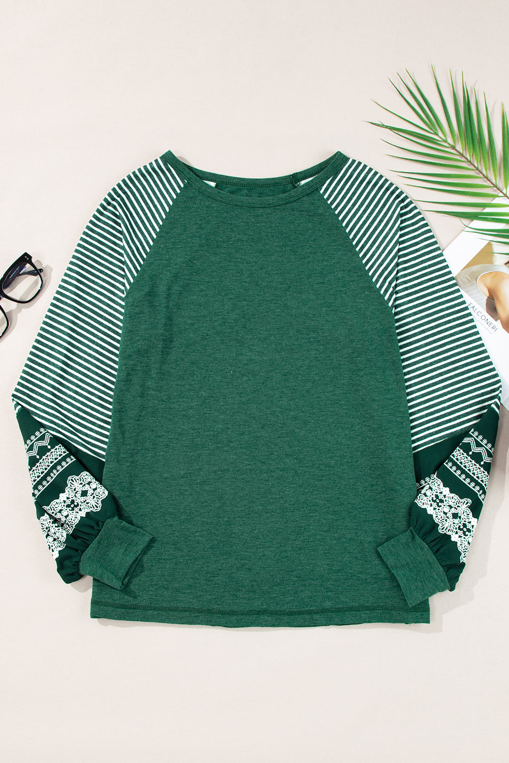 Contrast Print Striped Raglan Long Sleeve Loose Top  Shop One Place