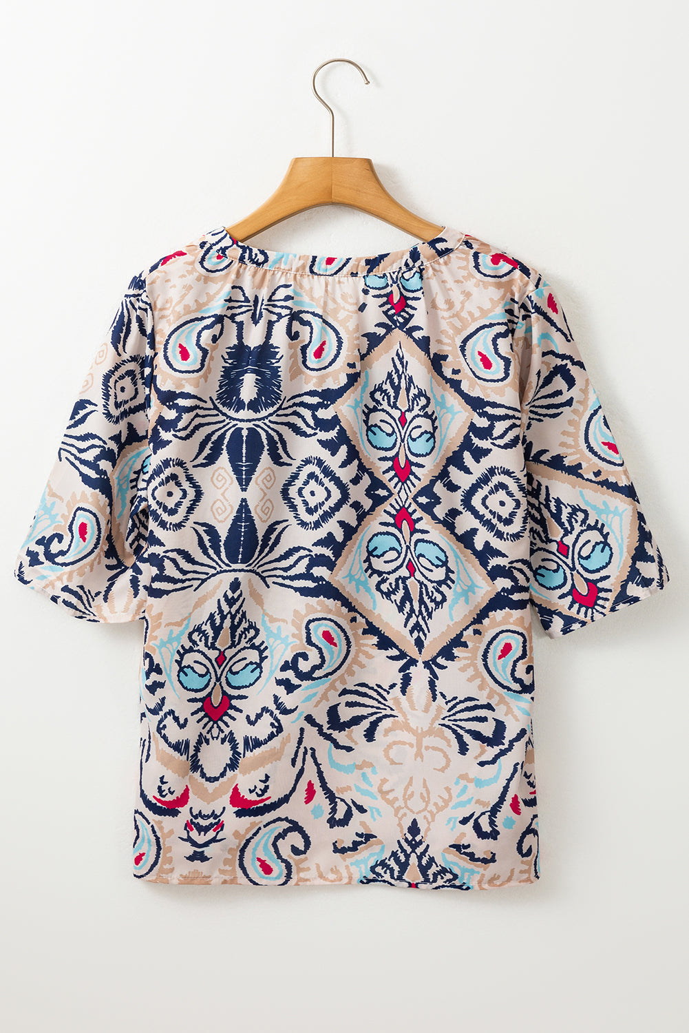 White Abstract Print V-Neck Half Tulip Sleeve Blouse