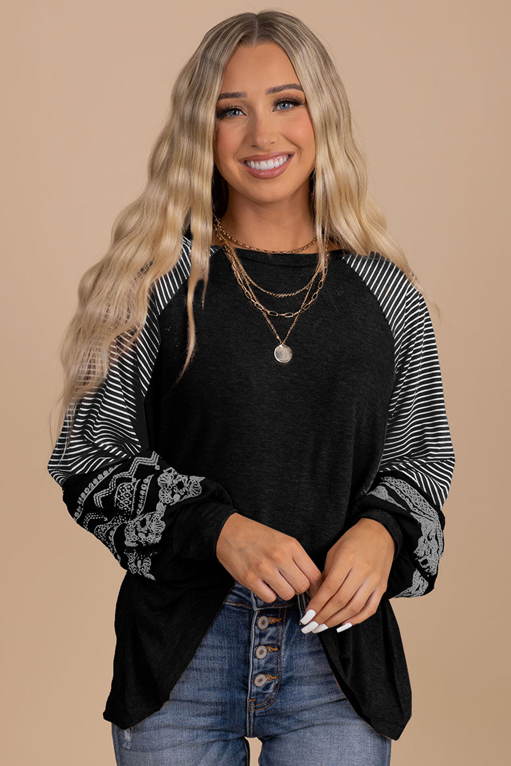 Contrast Print Striped Raglan Long Sleeve Loose Top  Shop One Place