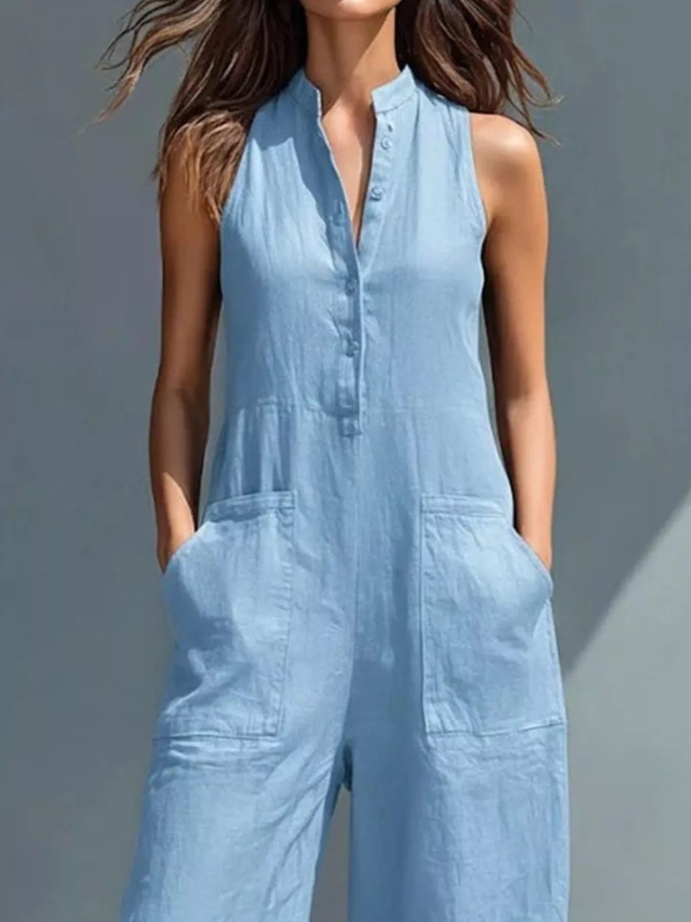 Full Size Button Front Sleeveless Jumpsuit Plus Size  Shop One Place