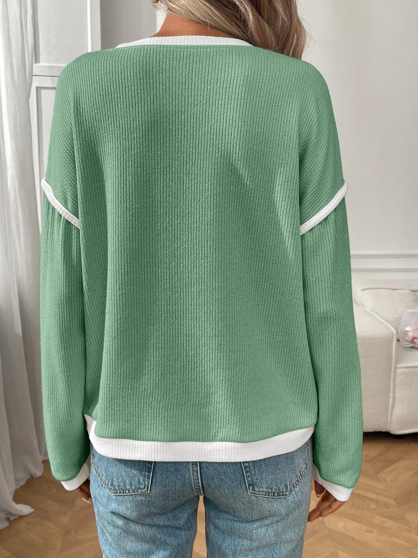 Ribbed Contrast Trim Long Sleeve Top  Shop One Place