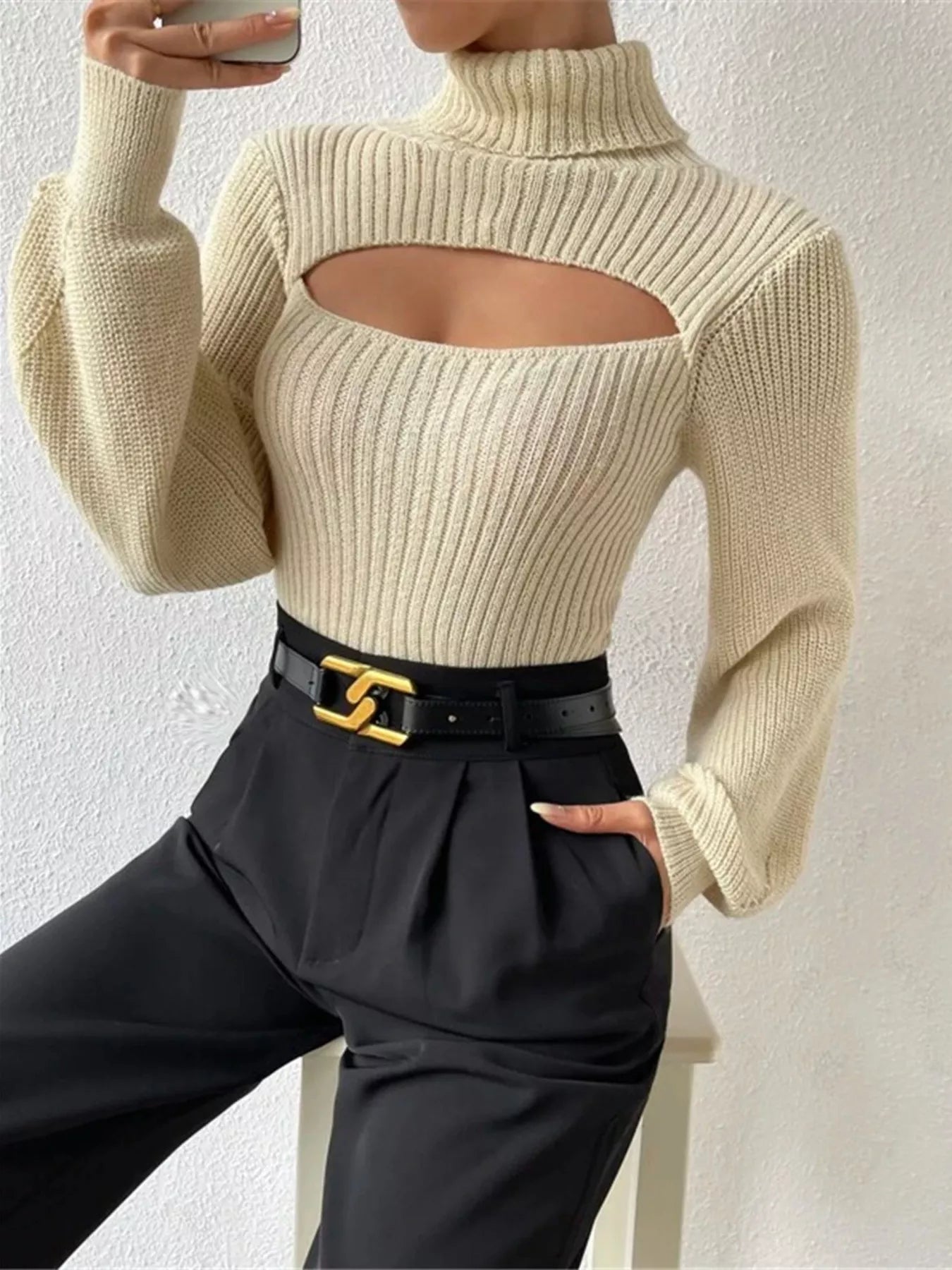 Cutout Front Turtleneck Long Sleeve Sweater  Shop One Place