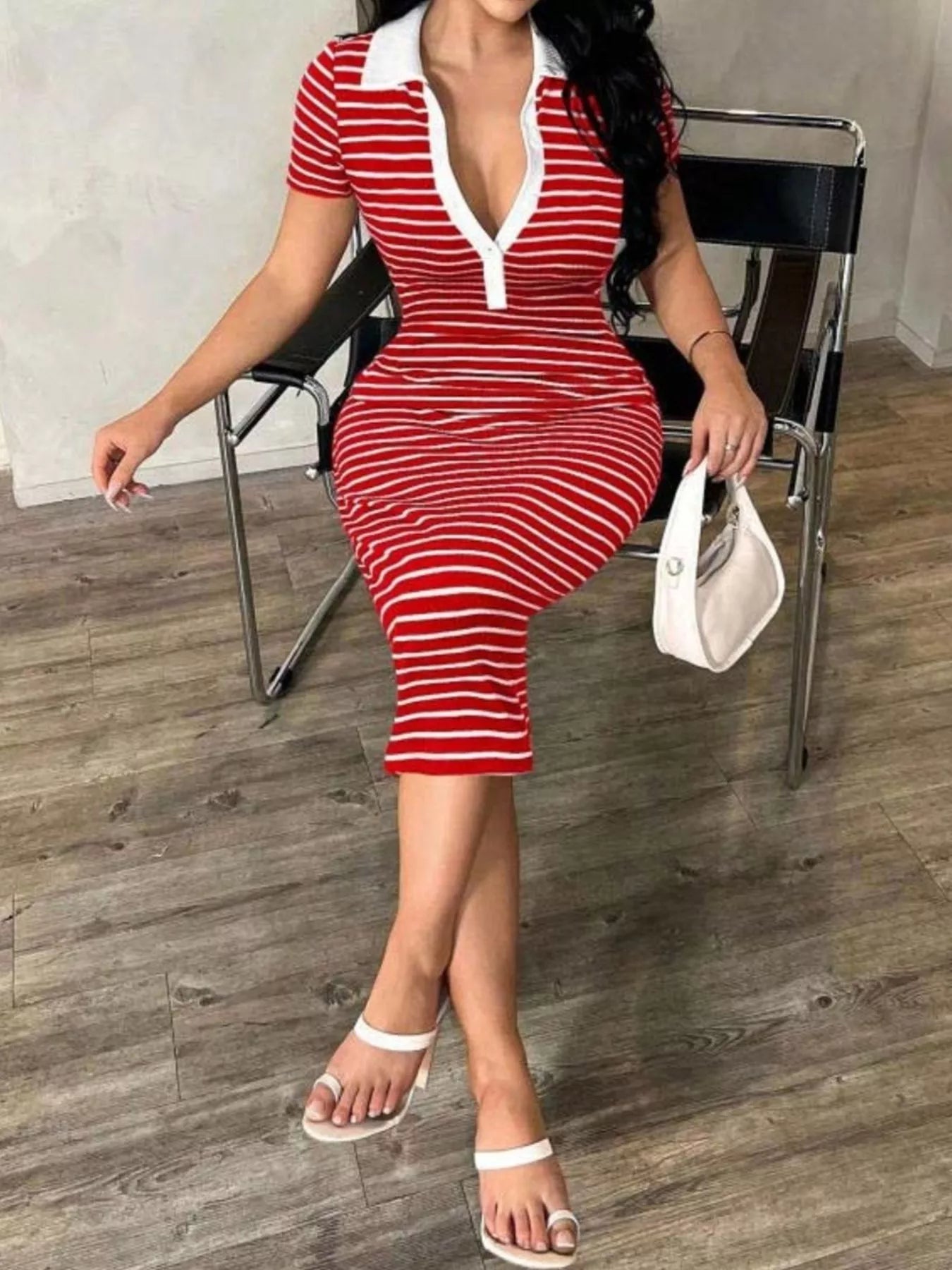 Striped Polo Collar Midi Dress  Shop One Place