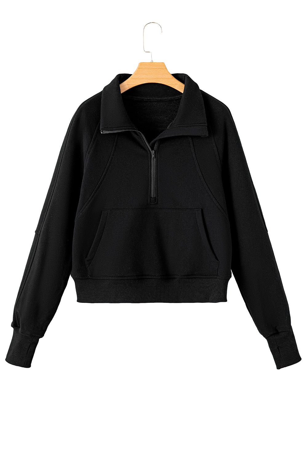 Zip Up Stand Collar Ribbed Thumbhole Sleeve Sweatshirt