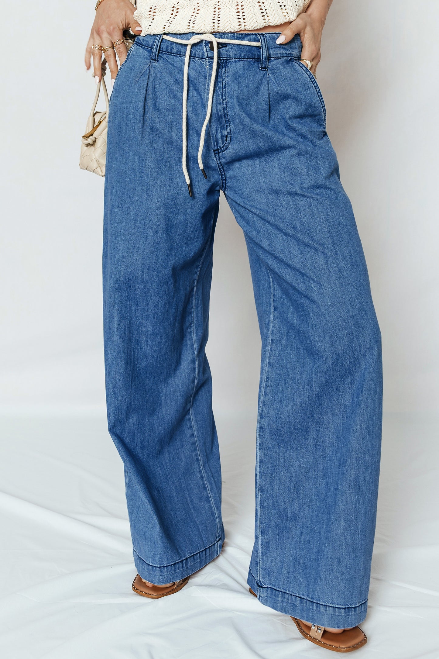 Dusk Blue Lace-up Pull on Wide Leg Jeans  Shop One Place