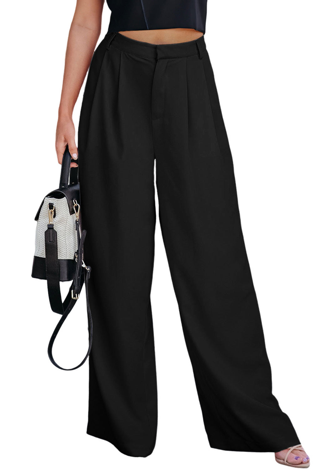 Black Plain Pleated Pocket High Waist Wide Leg Pants