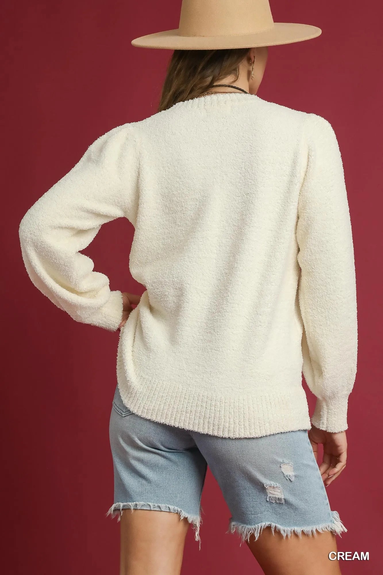 Umgee Textured Long Sleeve Sweater with Ribbed Trim  Shop One Place