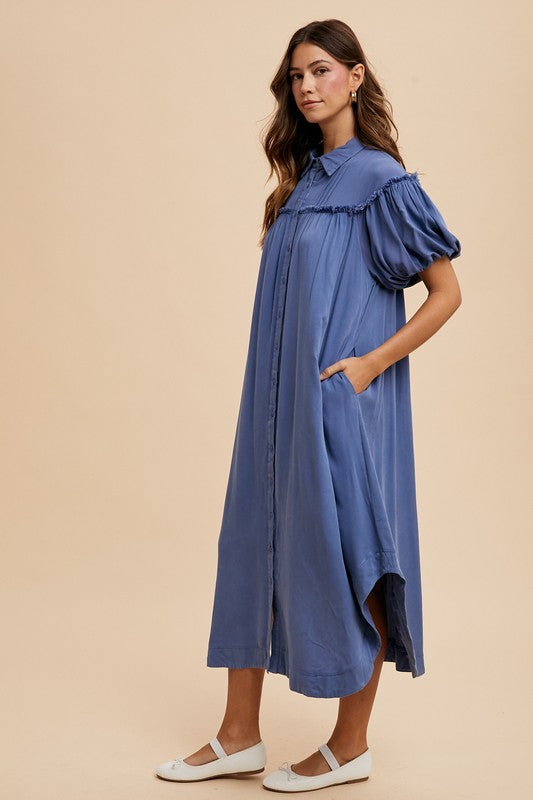 Peacock Blue Annie Wear Mineral Washed Button Down Puff Sleeve Shirt Dress