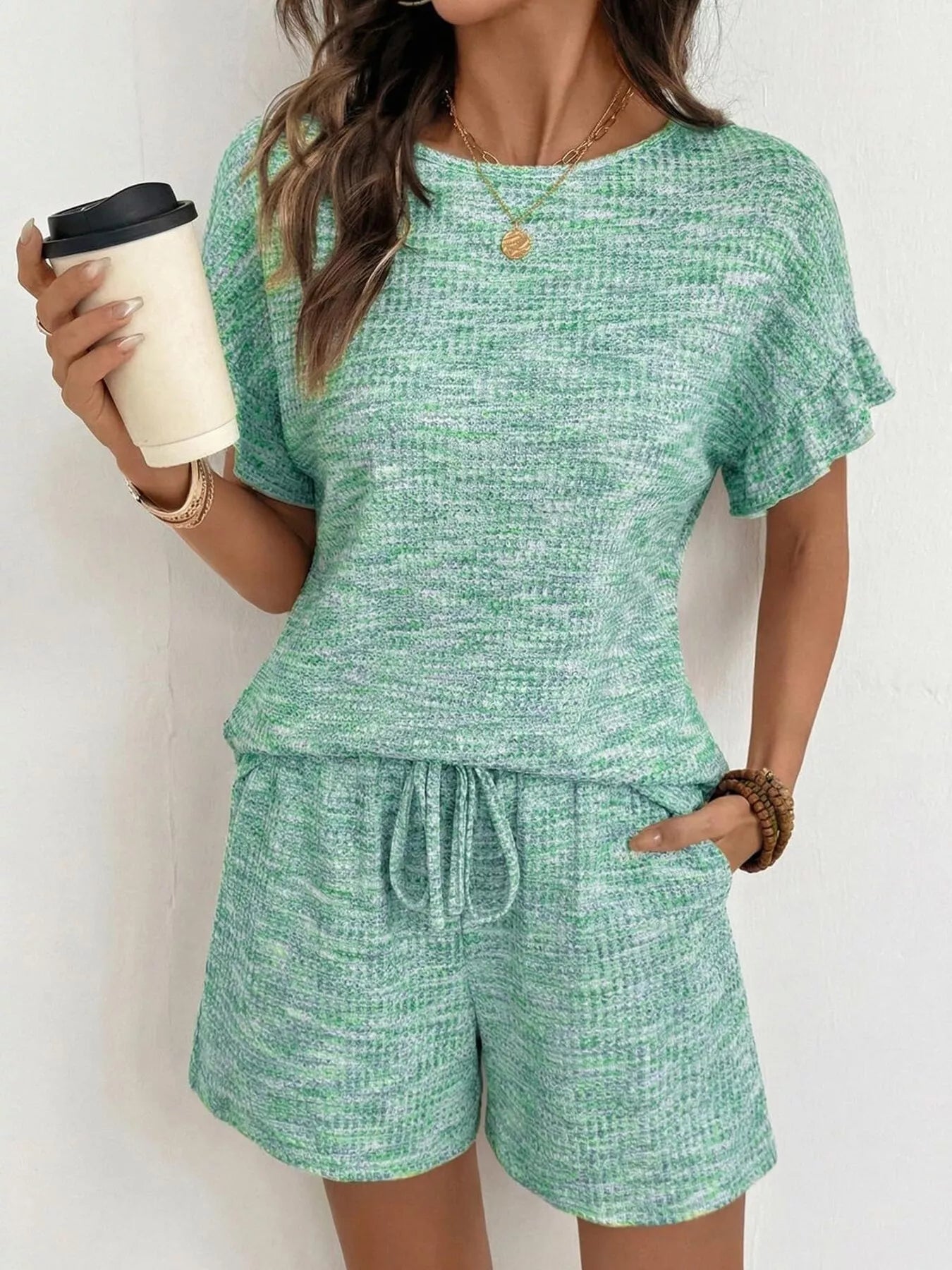 Ruffle Sleeve Textured Top and Shorts Set  Shop One Place