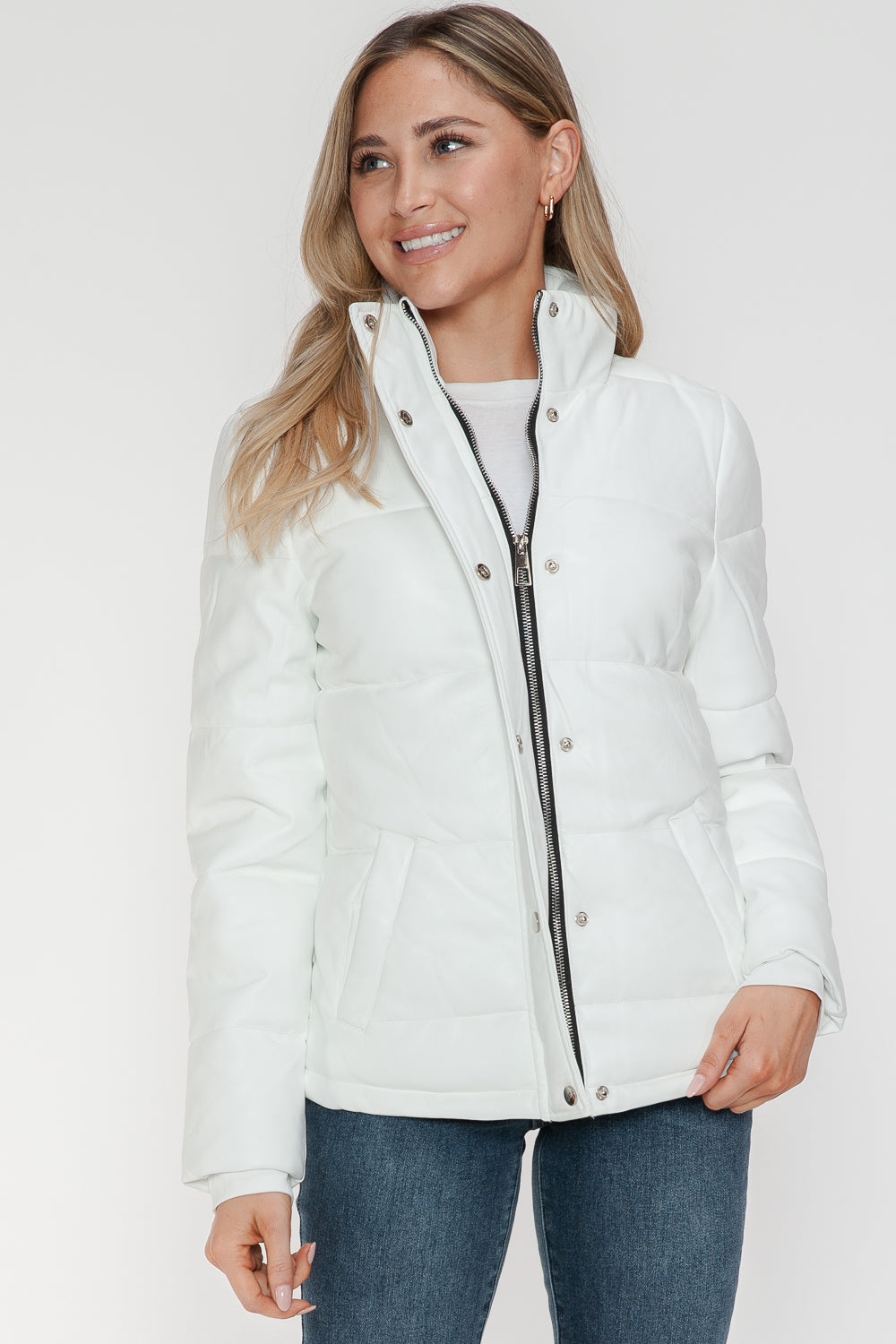 White YMI Pocketed Zip Up Turtleneck Puffer Jacket