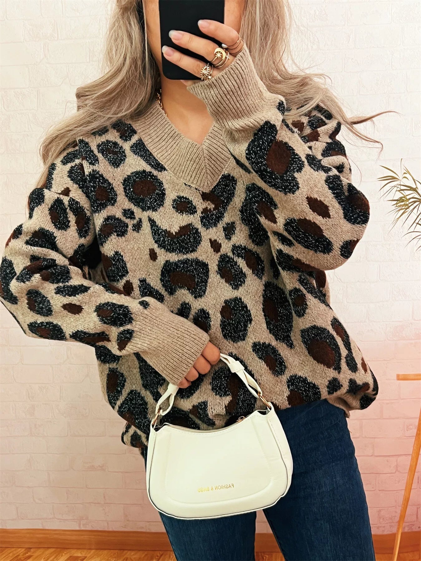 Leopard V-Neck Drop Shoulder Sweater  Shop One Place