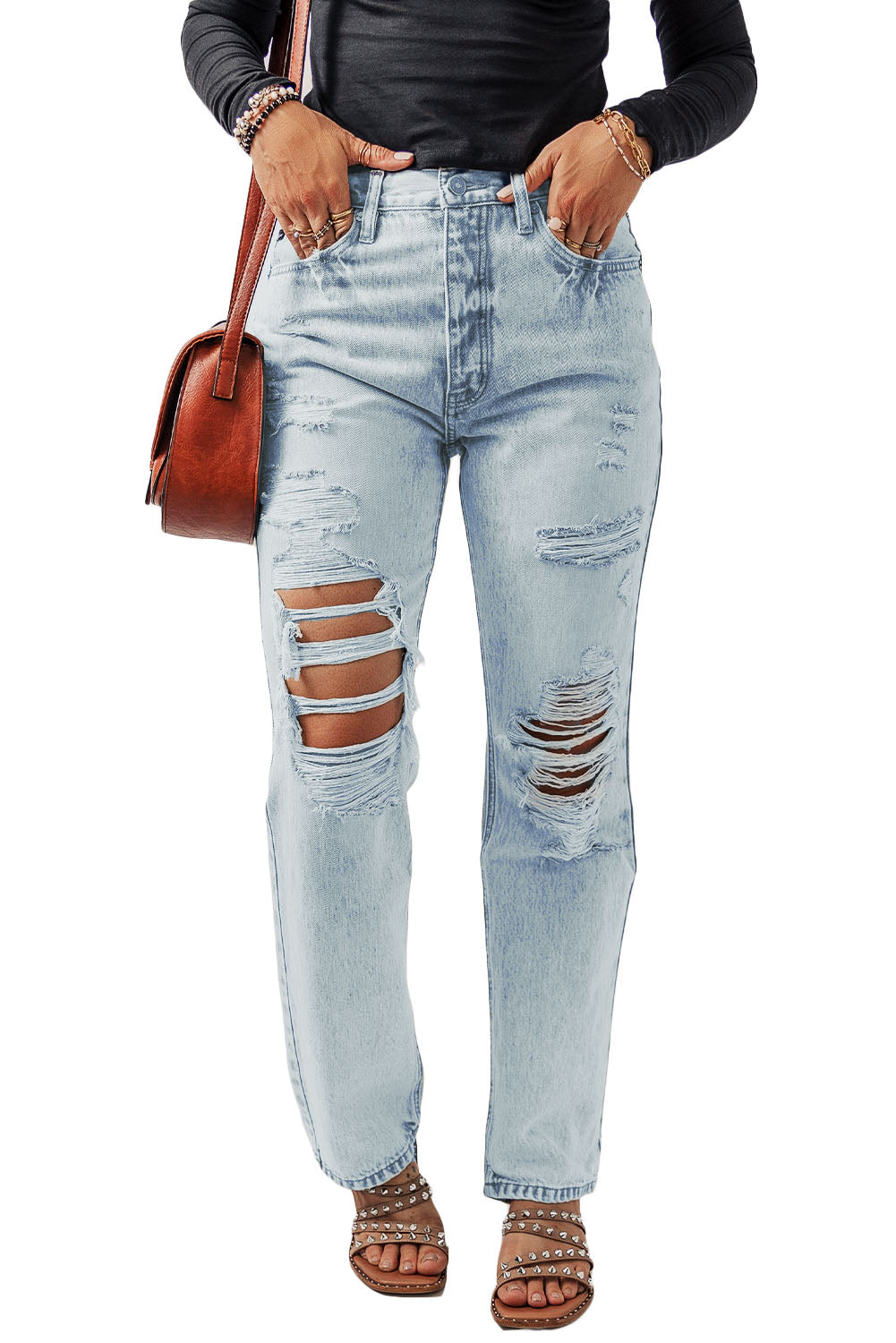 Beau Blue Vintage Acid Wash Distressed Straight Leg Jeans