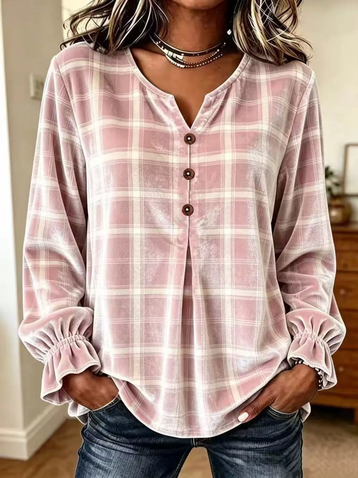 Women's Plaid Velvet Flounce Sleeve Blouse – view 3