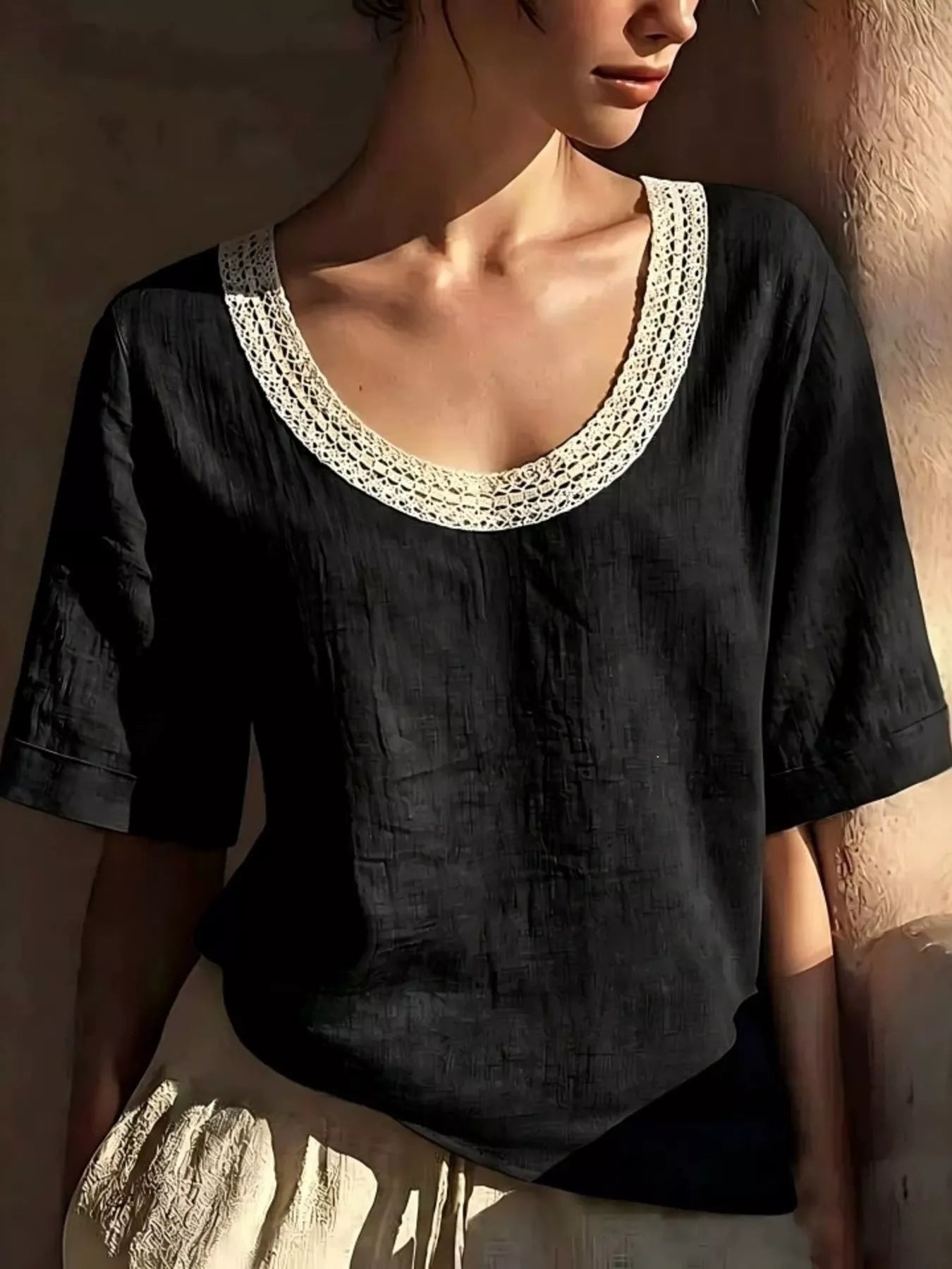 Full Size Lace Trim Short Sleeve Blouse Plus Size  Shop One Place