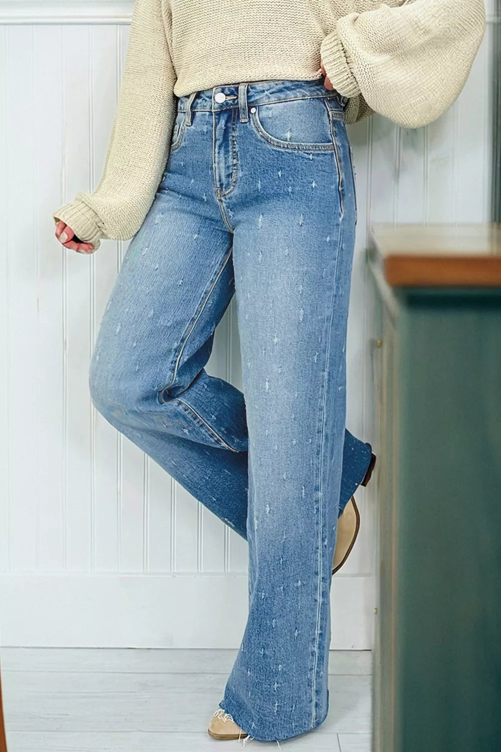 Distressed Detail Tummy Control Raw Hem Jeans  Shop One Place