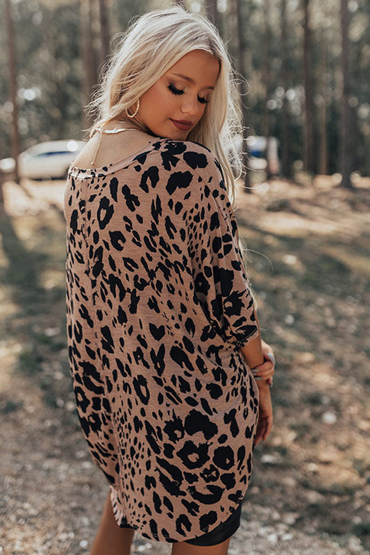 Brown Leopard Print V Neck Half Sleeve Oversized Tee  Shop One Place