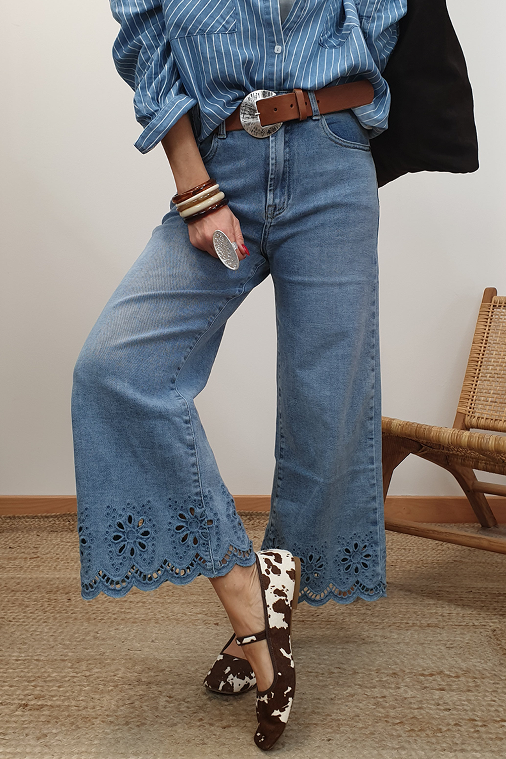 Dusk Blue Embroidered Cropped Wide Leg High Waist Jeans  Shop One Place