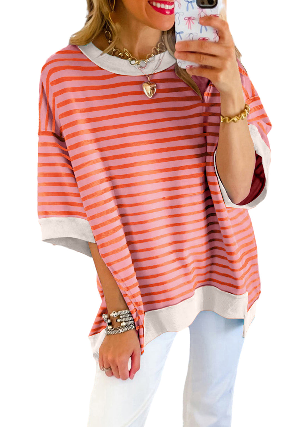 Stripe Colorblock Drop Sleeve Oversized T Shirt