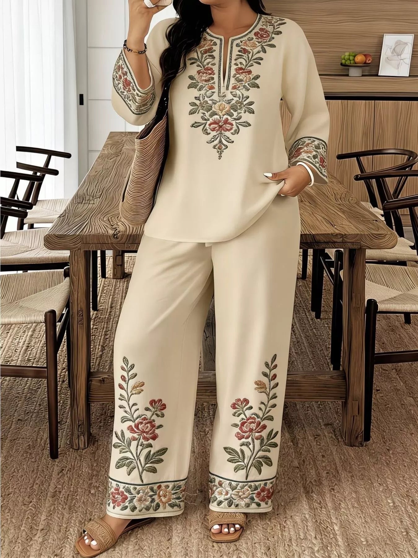 Full Size Embroidered Long Sleeve Top and Pants Set Plus Size  Shop One Place