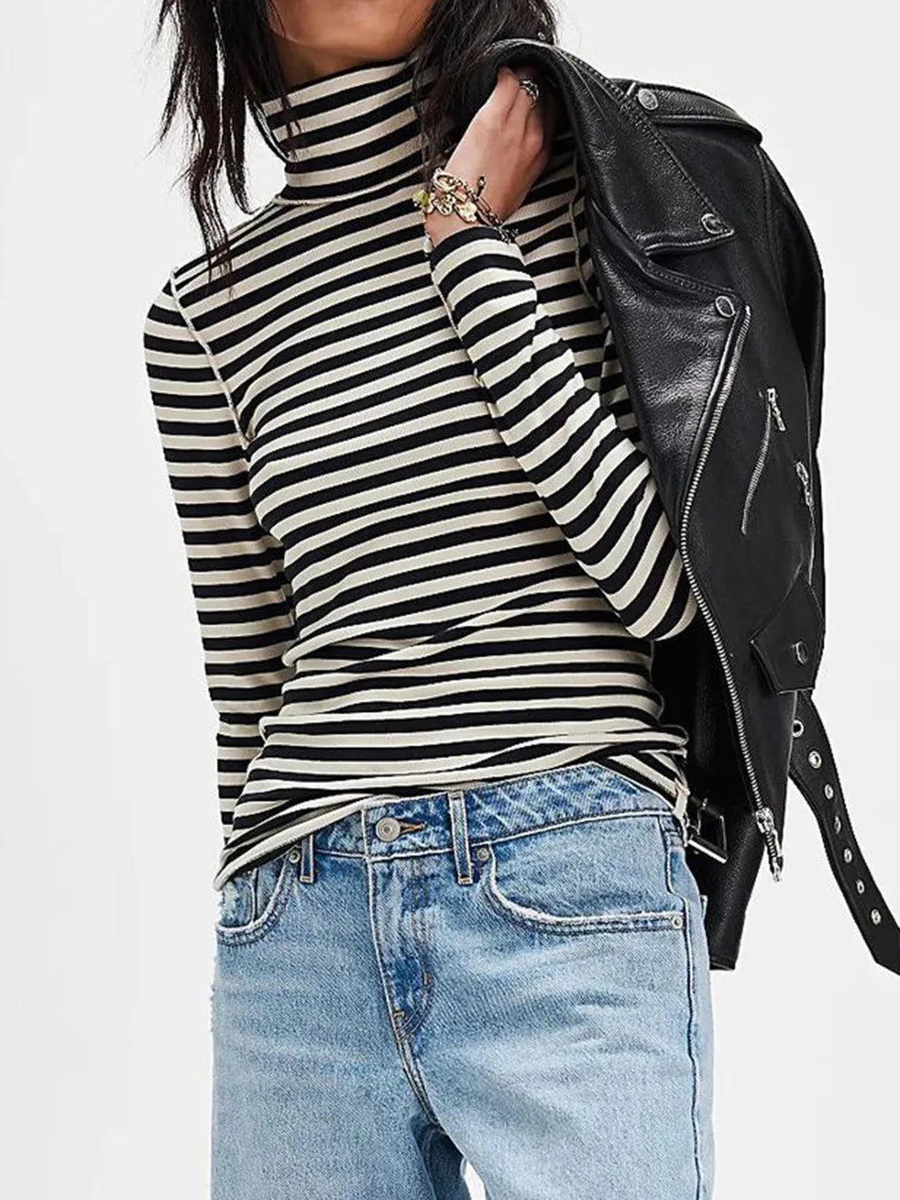 Exposed Seam Striped Turtleneck Long Sleeve T-Shirt  Shop One Place