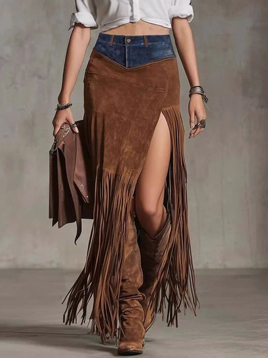 Denim Patchwork Fringe Maxi Skirt  Shop One Place