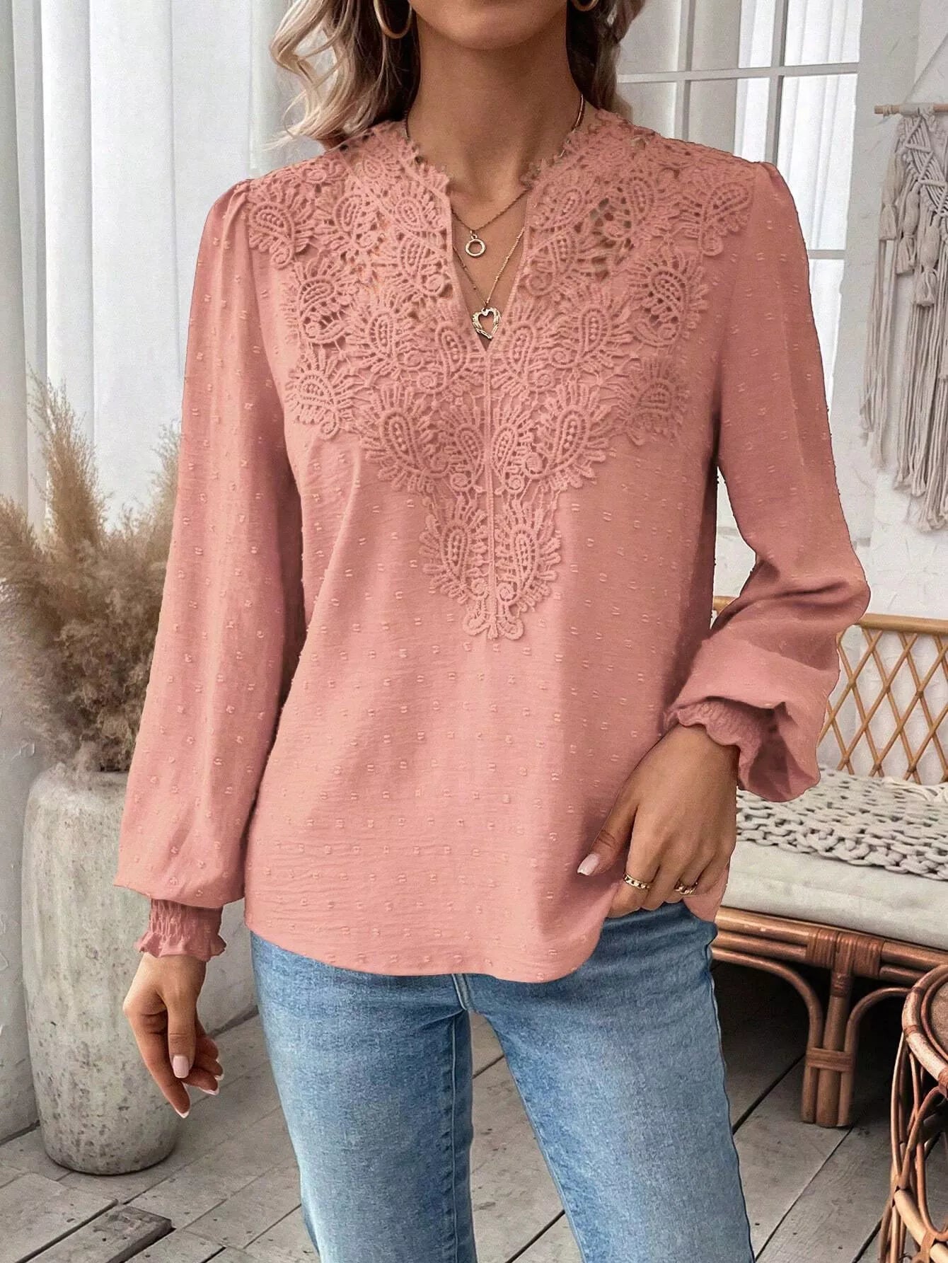 Swiss Dot Lace Detail Long Sleeve Blouse  Shop One Place