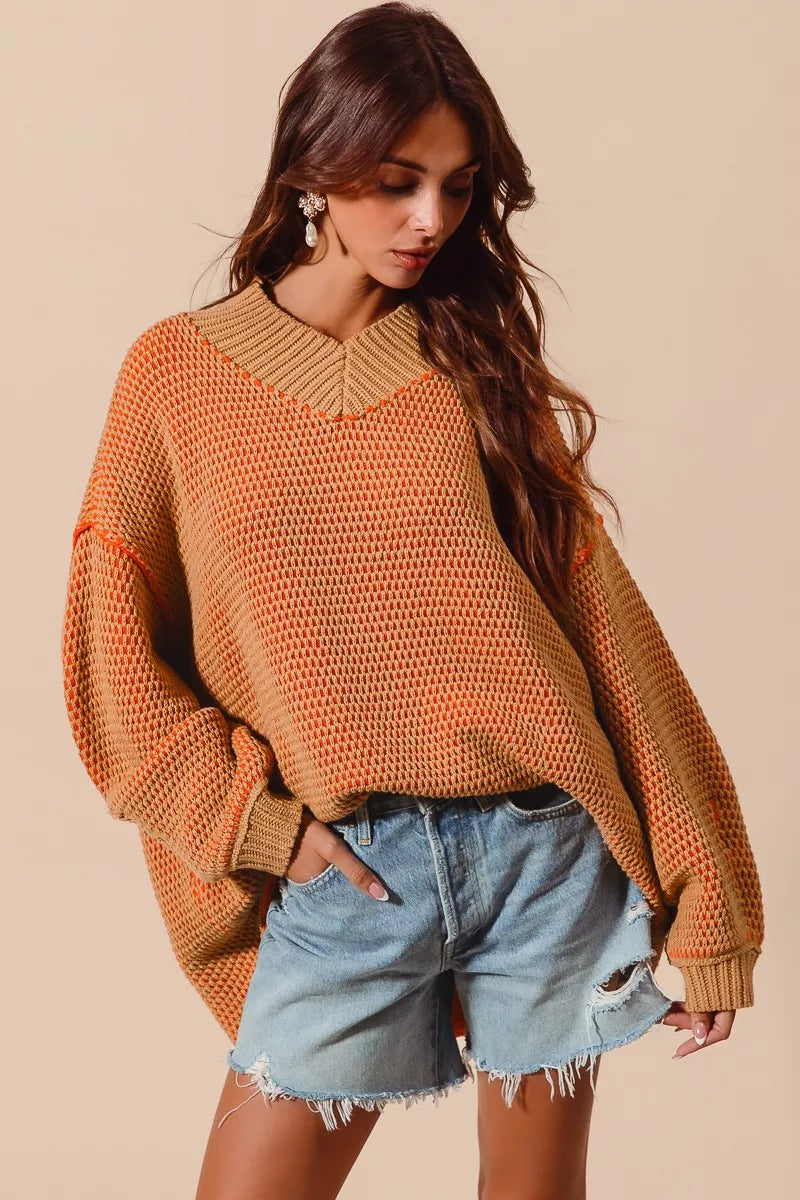 SO ME Oversized Two Tone Textured V Neck Sweater  Shop One Place