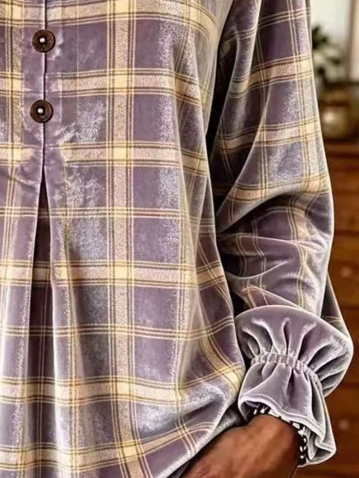 Women's Plaid Velvet Flounce Sleeve Blouse – view 6