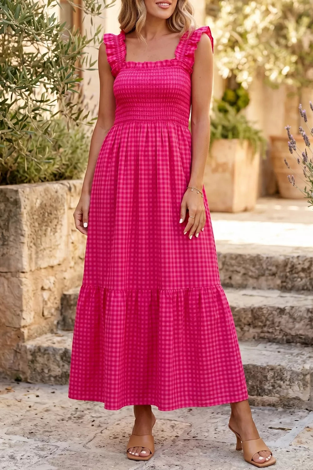 Plaid Square Neck Fit-and-flared Vacation Sundress  Shop One Place